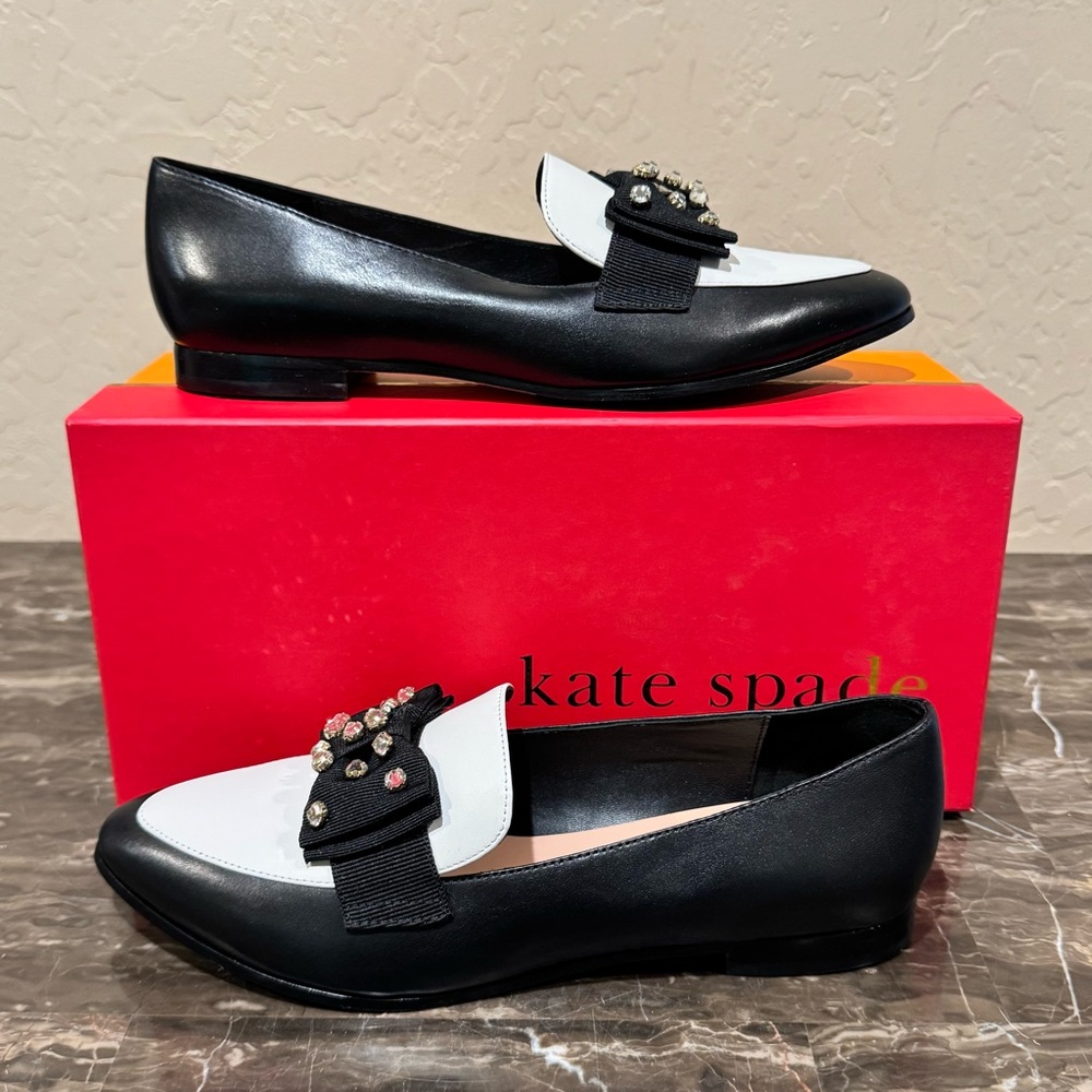 Kate Spade Black and White Rhinestone Bow Loafers